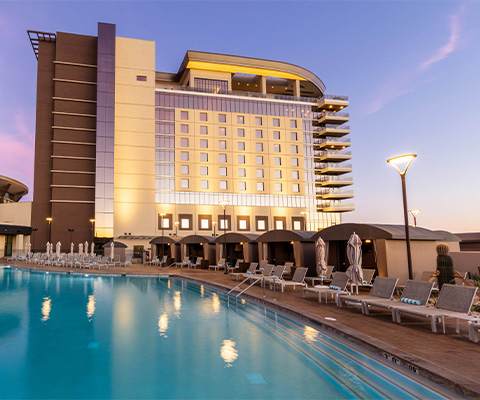 An image of the exterior of Gila River Resorts & Casino-Wild Horse Pass and the pool