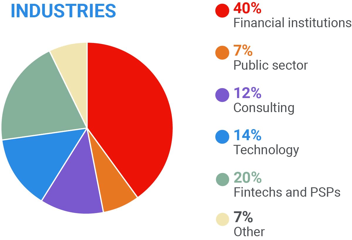 Pie chart: Financial institutions: 40% Public Sector: 7% Consulting: 12% Technology: 14% Fintechs and PSPs: 20% Other: 7%