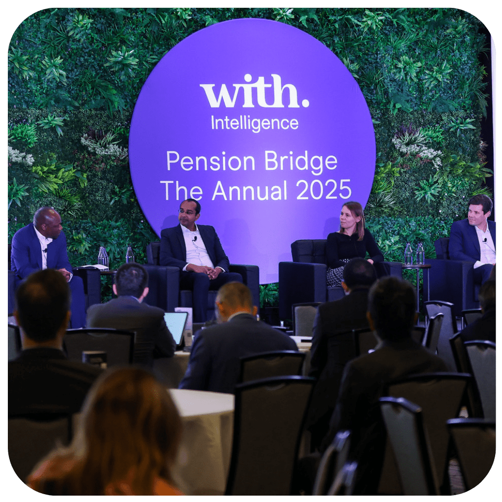 Allocators and managers shaking hands and networking at the Pension Bridge The Annual