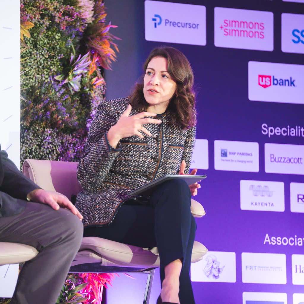 Sponsor logo backdrop on the main stage at the Hedge Fund COO Europe Summit